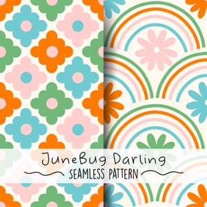 Könnte beinhalten: Zwei nahtlose Muster im Retro-Stil der 1960er Jahre. Das erste Muster zeigt ein sich wiederholendes Design aus bunten Blumen mit abgerundeten Blütenblättern. Das zweite Muster zeigt ein sich wiederholendes Design aus bunten Regenbogenbögen mit Blumen dazwischen.