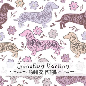 May include: A seamless pattern featuring a variety of dachshund dogs with floral designs. The dogs are in shades of pink, purple, brown, and beige. The background is white with small floral accents.