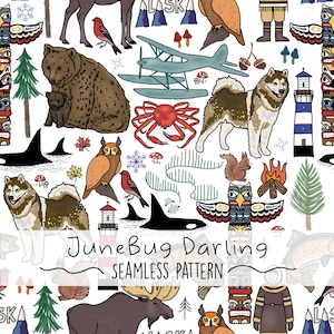 May include: Seamless pattern featuring Alaskan wildlife and landmarks, including bears, owls, orcas, and a lighthouse. The design incorporates a variety of colors and illustrations, with the text "JuneBug Darling SEAMLESS PATTERN" at the bottom.
