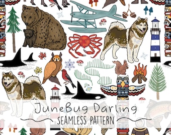 Alaskan Icons Seamless Repeat Pattern Hand Drawn Digital Art Alaska PNG Digital Pattern Cute Sublimation Travel Alaska Art PNG
