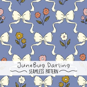 May include: A seamless pattern featuring white bows with long tails and colorful flowers on a light purple background. The text "JuneBug Darling" and "Seamless Pattern" is included in the design.