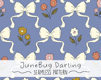 Padrão sem costura Coquette Bows, estilo preppy rosa feminino, com estampa repetida desenhada à mão, perfeito para decoração de quarto infantil.