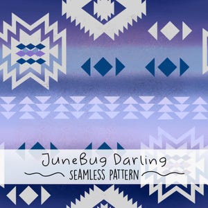 May include: Seamless pattern design in shades of blue, purple, and white. The design features geometric shapes, including diamonds, triangles, and zigzags. The text "JuneBug Darling SEAMLESS PATTERN" is displayed at the bottom.