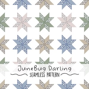 May include: A seamless pattern featuring a repeating design of eight-pointed stars in shades of blue, green, pink, and brown. The stars have a delicate, lacy design and are set against a white background. The text "JuneBug Darling Seamless Pattern" appears at the bottom of the image.