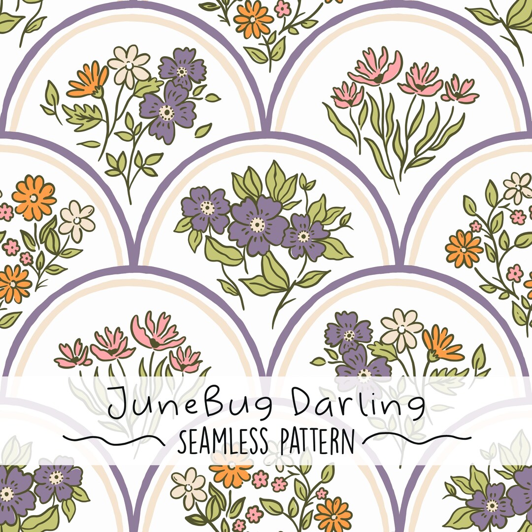 Retro Floral Seamless Scallop Repeat Pattern Hand Drawn Digital Art ...