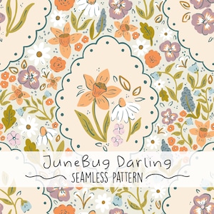 May include: A seamless pattern featuring a repeating floral design with daffodils, daisies, and other flowers in shades of orange, purple, and white. The text "JuneBug Darling SEAMLESS PATTERN" is displayed at the bottom.