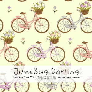May include: A seamless pattern featuring pink bicycles with baskets of flowers on a light yellow background. The text "JuneBug Darling" is written in a whimsical font below the bicycles.
