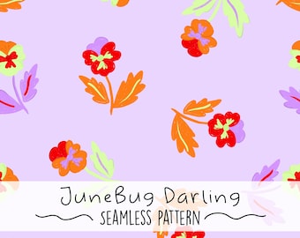 May include: A seamless pattern featuring colorful floral illustrations on a light purple background. The design includes red, orange, and purple flowers with green and orange leaves. The text "JuneBug Darling SEAMLESS PATTERN" is displayed.