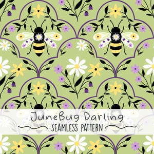 Pode incluir: Padrão sem costura com abelhas, margaridas e outras flores amarelas, brancas e roxas sobre um fundo verde claro. O design inclui o texto "JuneBug Darling SEAMLESS PATTERN" em uma faixa branca.