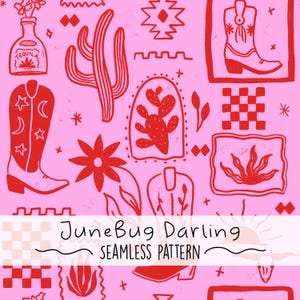 Boho Cowgirl Seamless Repeat Pattern Hand Drawn Digital Art Western PNG Digital Pattern Cute Western Boho Art Southwestern Pink And Red
