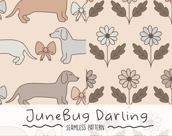 Retro Preppy Dachshund Seamless Repeat Patterns 2 Hand Drawn Coordinating Files Cute PNG Repeating Pattern Muted Floral Sublimation Dog File