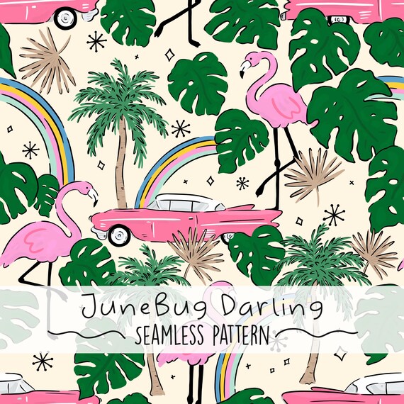 Retro Vacation Vibes Seamless Repeat Pattern Hand Drawn Digital Art Spring PNG Digital Pattern Cute Summer Mid-Century Flamingo Trendy