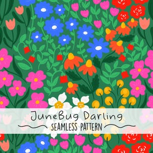Peut inclure: Un motif sans couture présentant une variété de fleurs colorées, notamment des fleurs rouges, roses, bleues, jaunes et blanches. Les fleurs sont disposées de manière aléatoire sur un fond vert. Le texte "JuneBug Darling Seamless Pattern" est affiché en bas de l'image.