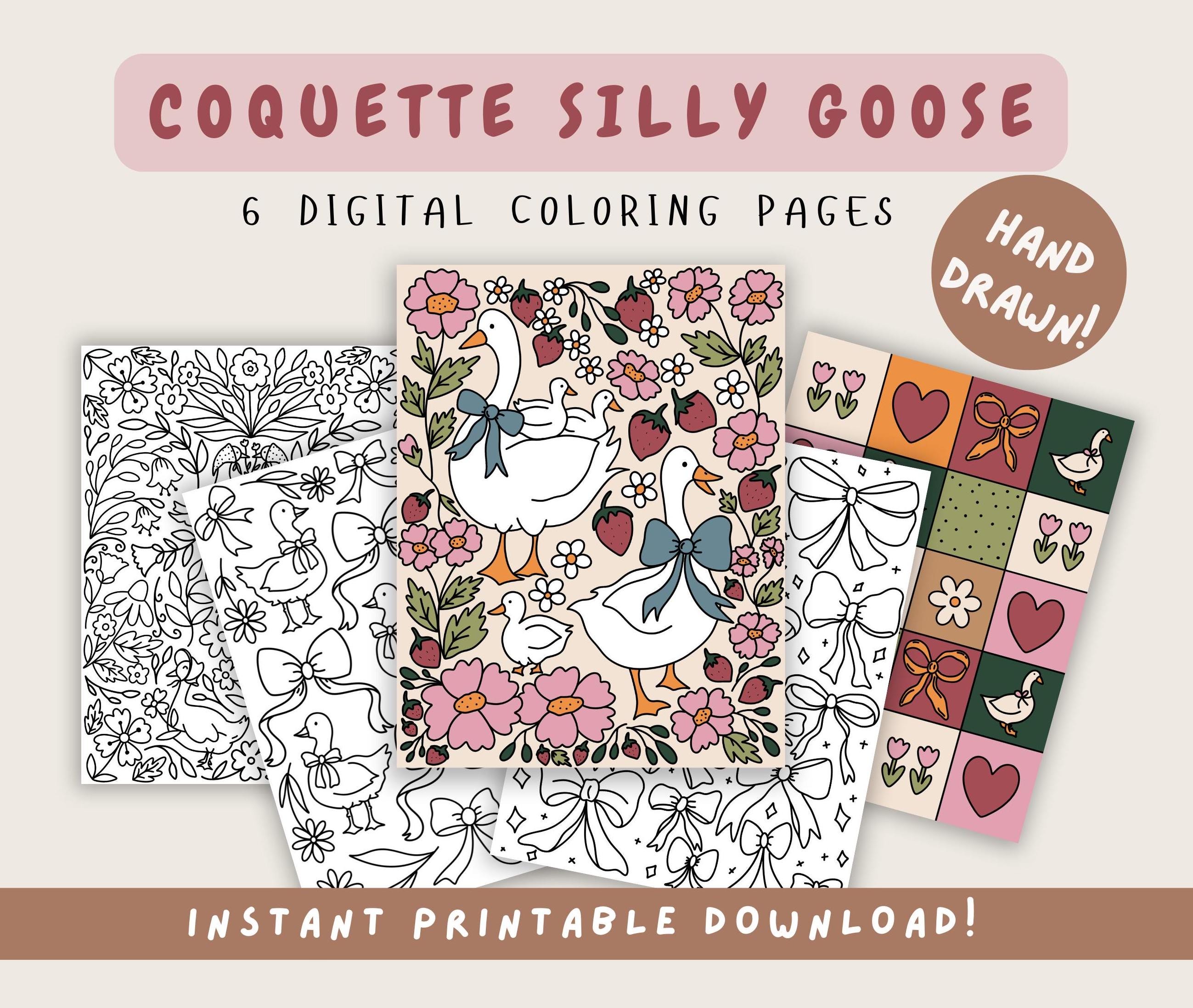 Silly Goose Coquette Coloring Pages for Adults & Kids – Hand-Drawn Printable PDF, 6 High-Quality Designs for Relaxation