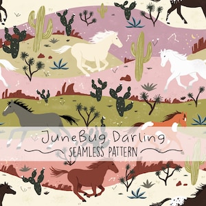 May include: A seamless pattern featuring horses running through a desert landscape with cacti and other desert plants. The background is a soft pink color with a light green and brown color scheme. The text "JuneBug Darling Seamless Pattern" is at the bottom of the image.