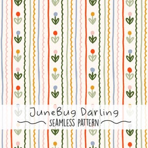 May include: A seamless pattern design with vertical stripes in shades of red, green, blue, and yellow. The stripes are interspersed with floral and wavy elements. The text "JuneBug Darling SEAMLESS PATTERN" is at the bottom.