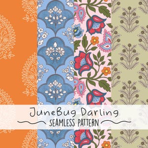 Coordinating Indian Floral Seamless Set of 4 Repeat Patterns Boho Block Print Small Business Muted Tones Background Scrapbook Digital Papers
