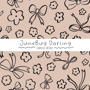 Może przedstawiać: Bezszwowy wzór z czarnymi rysunkami linii kokard i kwiatów na jasnobrązowym tle. Tekst "JuneBug Darling" i "Seamless Pattern" jest wyświetlany na białym banerze na obrazie.