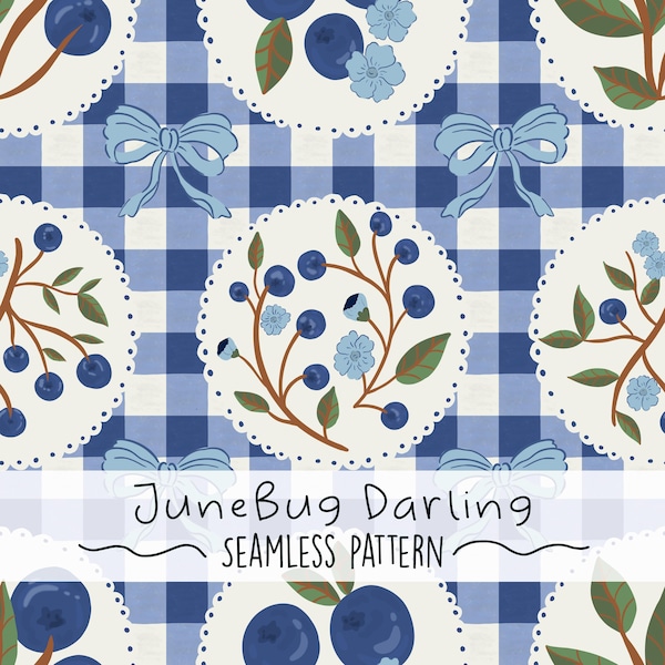 Blaubeere Musterdesign Hand gezeichnet Digitale Kunst Frühling PNG Digitales Muster Niedlich Sommer Blau Gingham Bögen Trendige Sublimationsfrucht