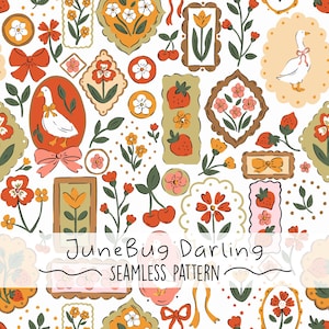 Può includere: Motivo floreale senza cuciture con illustrazioni di fiori, frutta e un'oca. Il design comprende fragole, ciliegie e motivi floreali nei toni dell'arancione, rosa e verde su sfondo bianco. Il testo "JuneBug Darling SEAMLESS PATTERN" è incluso.