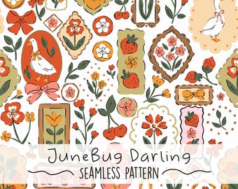 Silly Goose Seamless Repeat Pattern Hand Drawn Digital Art Geese PNG Farm Animal Digital Pattern Cute Nursery Art Cherries Strawberry Design