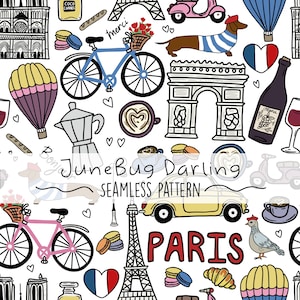 May include: A seamless pattern featuring various Parisian-themed illustrations, including the Eiffel Tower, a bicycle, a hot air balloon, a baguette, a coffee cup, a wine bottle, a dachshund, and the words "JuneBug Darling" and "Paris".