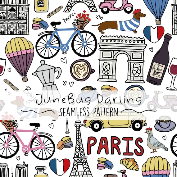 Paris Icons Seamless Repeat Pattern Hand Drawn Digital Art France PNG Digital Pattern Cute Vintage Style Sublimation Travel Dachshund PNG