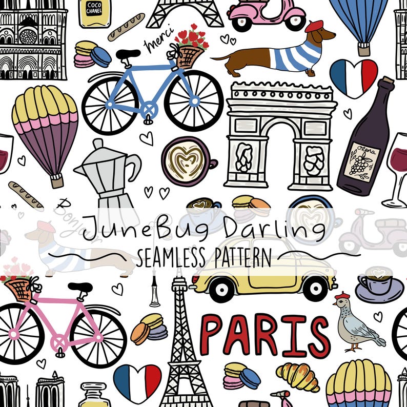 May include: A seamless pattern featuring various Parisian-themed illustrations, including the Eiffel Tower, a bicycle, a hot air balloon, a baguette, a coffee cup, a wine bottle, a dachshund, and the words "JuneBug Darling" and "Paris".