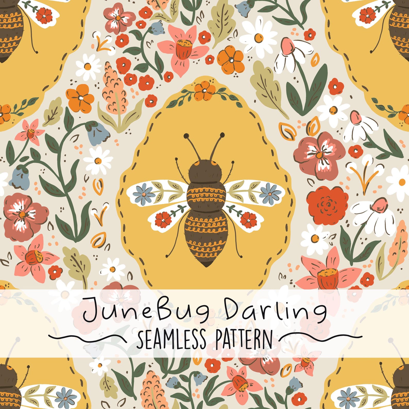 Bees & Florals Seamless Repeat Pattern Hand Drawn Digital Art Spring ...