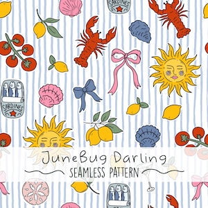 Könnte beinhalten: Nahtloses Muster mit Illustrationen von Zitronen, Hummern, Sardinen, Muscheln, Schleifen, Tomaten und einer lächelnden Sonne auf einem blau-weiß gestreiften Hintergrund. Der Text "JuneBug Darling SEAMLESS PATTERN" ist ebenfalls enthalten.