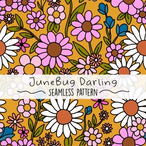 May include: A seamless pattern featuring a variety of colourful flowers on a mustard yellow background. The flowers are in shades of pink, white, and blue. The text "JuneBug Darling Seamless Pattern" is written in a handwritten font across the middle of the image.