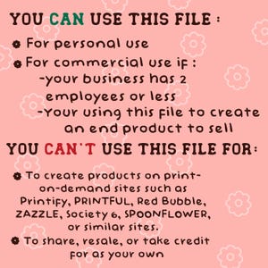 May include: A pink background with white flower illustrations and text in green and red. The text states the file can be used for personal and commercial use if the business has two or fewer employees. It cannot be used for print-on-demand sites.
