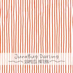 May include: A seamless pattern with thin, orange, vertical stripes on a white background. The text "JuneBug Darling" is centered below the pattern with the words "SEAMLESS PATTERN" underneath.