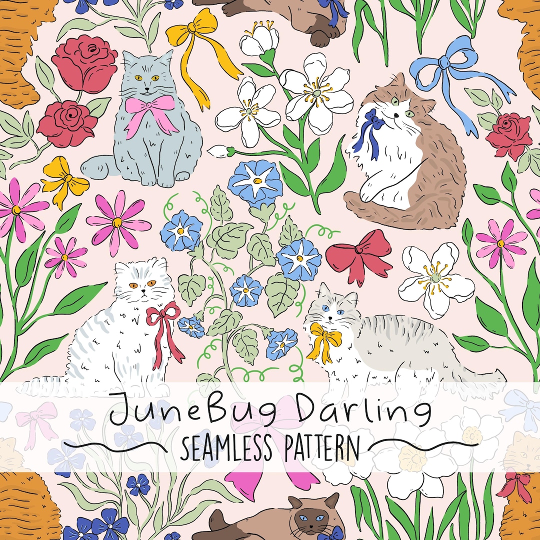 Cat Lovers Floral Seamless Repeat Pattern Hand Drawn Digital Art Spring ...