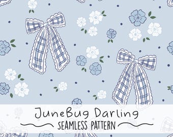 Retro Floral Bows Seamless Repeat Pattern Hand Drawn Digital Art Blue PNG Digital Pattern Cute Flower Repeating Pattern Vintage Floral