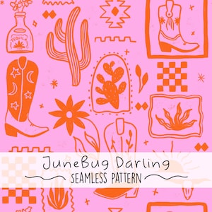 Boho Cowgirl Seamless Repeat Pattern Hand Drawn Digital Art Western PNG Digital Pattern Cute Western Boho Art Southwestern Pink And Orange