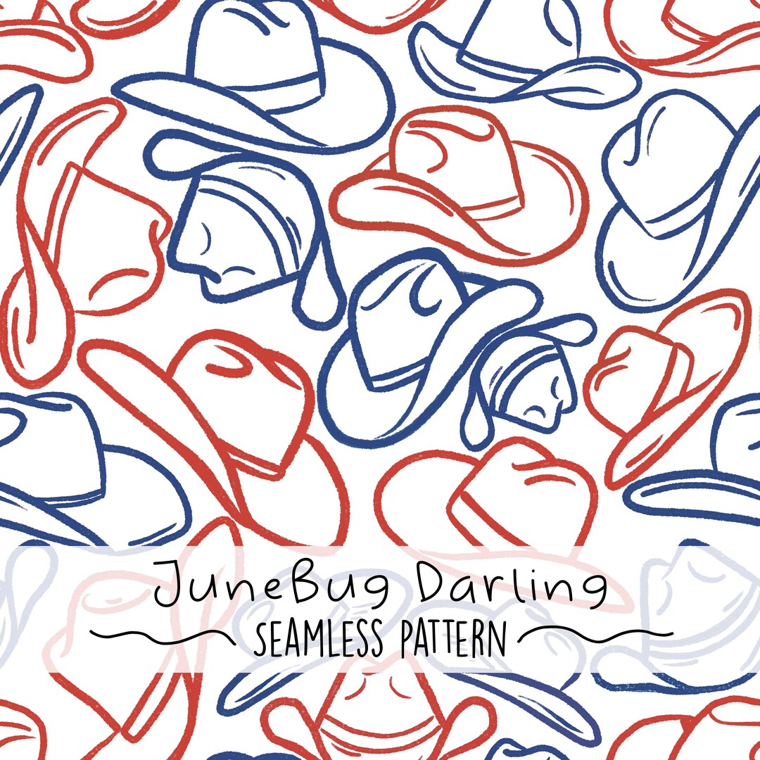Red Western Repeat Pattern Western Hats Seamless Repeat Pattern Patriotic Hand Drawn Digital Art ...