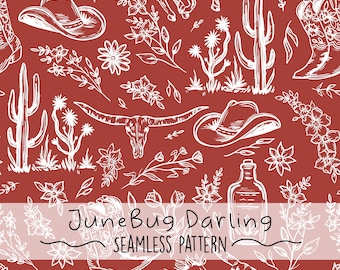 Western Toile Seamless Repeat Pattern Arte digital desenhada à mão Western PNG Padrão digital Arte de berçário fofa Sublimação Vermelho PNG Design de cowgirl
