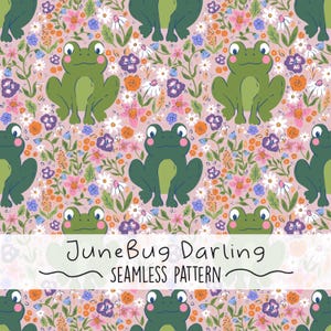 Frösche & Blumen Musterdesign Hand gezeichnet Digital Art Frühling PNG Digitales Muster Niedliche Blumen-Wiederholungsmuster Floral Sublimation