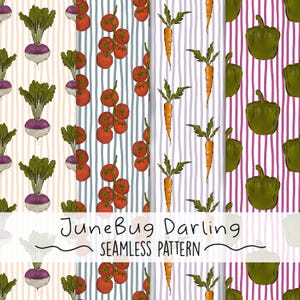 May include: A seamless pattern design featuring illustrations of vegetables including turnips, tomatoes, carrots, and bell peppers. The design includes the text "JuneBug Darling SEAMLESS PATTERN" in a handwritten style. The vegetables are set against a striped background.