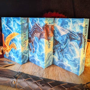 Könnte beinhalten: Drei rechteckige Buchrücken mit blauem Himmel und Blitzhintergrund sowie Drachenillustrationen. Die Rücken sind mit Fourth Wing, Iron Flame und Onyx Storm beschriftet. Ein dunkelbraunes, geflochtenes Lederobjekt befindet sich im Vordergrund.