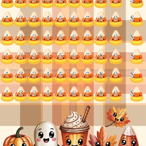 May include: A Candy Corn Crush savings tracker sheet featuring a grid of candy corn icons numbered one through nine, followed by a dollar sign column. The bottom displays cartoon characters including a pumpkin, ghost, drink, leaf, and candy corn.