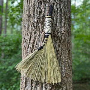Handmade Black & Natural Woven Broom – Whisk Broom with Twisted Handle, Witchy Cottagecore Décor