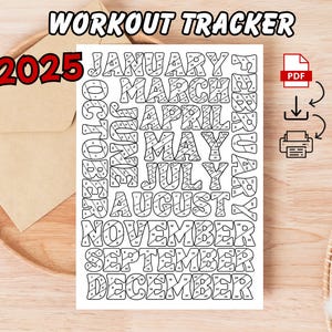 2025 Afdrukbare fitnesstraining-tracker kleurplaat, maandelijkse slaapgewoonte kleurtracker, jaarlijkse leeskalender, dagelijks kleurboek