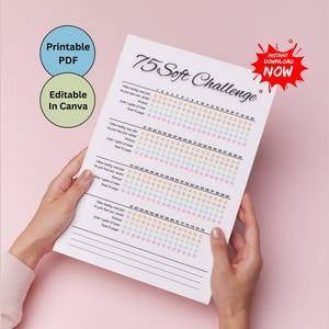 Bewerkbare 75 dagen zachte doel-uitdaging, checklist afdrukbaar voedingsdagboek, 75 studieplanner, checklist dagelijkse leesboeken, 75 dagen slaaptracker
