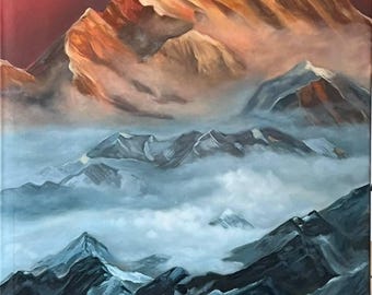 Mountain Serenity–Original Oil Painting on Canvas | 80x120cm Alpine Landscape Wall Art | Misty Peaks&Calm Nature Scene | Mountain Home Decor