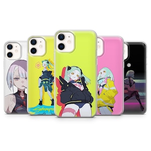 May include: Five smartphone cases with anime-style illustrations. The cases are in bright colours, including pink, yellow, and black, with detailed character designs. The cases are designed for a smartphone.