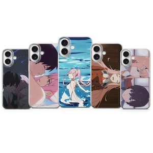 May include: Five phone cases with anime-style artwork. The cases display different characters and scenes, using pink, blue, and brown colours. Each case has a camera aperture.