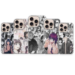 May include: A collection of five phone cases featuring manga-style illustrations in black, white, and shades of gray. Each case showcases different anime characters and scenes, with varying designs and styles.