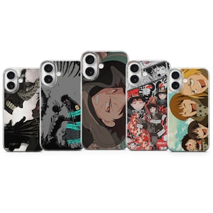 May include: A collection of five phone cases featuring anime-style character designs. The cases display various characters in black, white, gray, and vibrant colors. Each case has a different design, showcasing a range of anime art styles.